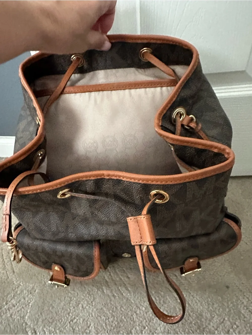 Michael Kors Dark Brown Monogram Backpack with Tan Trim